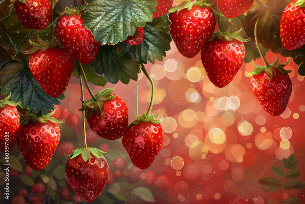 AI-generated red strawberries arranged on a branch serve as a vibrant backdrop for a banner. AI-generated red strawberries arranged on a branch serve as a vibrant backdrop for a banner.