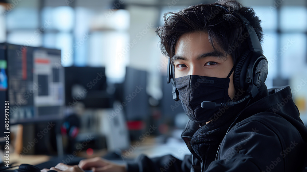 the callcenyer guy wreaing mask and headphone working at office, the callcenyer guy wreaing mask and headphone working at office,