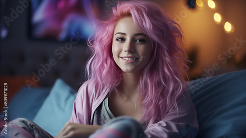 Woman listening to music. Smiling hipster gen z teen girl with blue hair watching tv movie sitting in bed, holding remote control, eating chips snack. Teenager relaxing watching television. Hipster