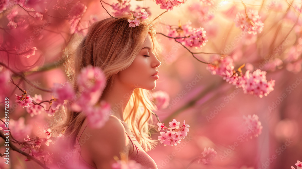Woman Standing Under Tree Filled With Pink Flowers Woman Standing Under Tree Filled With Pink Flowers