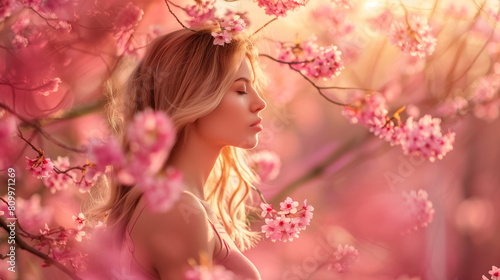 Woman Standing Under Tree Filled With Pink Flowers © mattegg