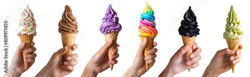 Collection of hand holding Soft serve Yoghurt Ice cream swirl on waffle cone on transparent background cutout, PNG file. Many assorted different flavour Mockup template for artwork design.	
 photo