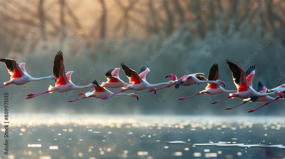 Fototapeta premium Flock of Birds Flying Over Water