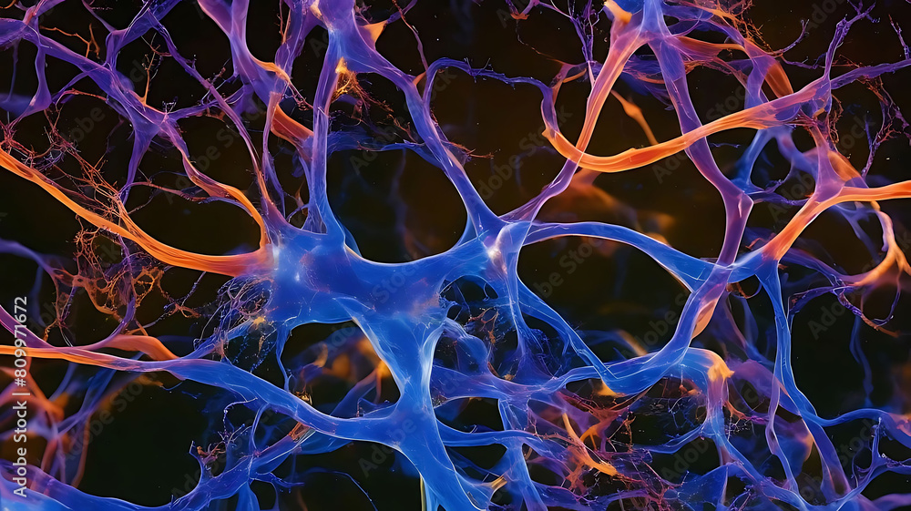 Vibrant illustration of astrocytes wrapping around neurons in the human brain, highlighting synaptic connections Vibrant illustration of astrocytes wrapping around neurons in the human brain, highlighting synaptic connections