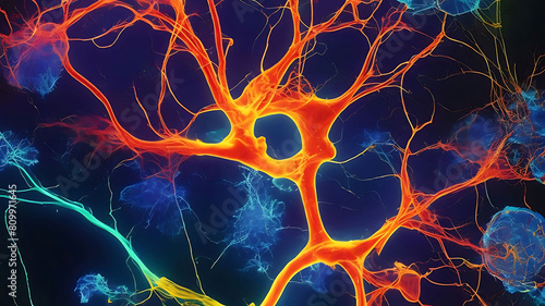 Vibrant illustration of astrocytes wrapping around neurons in the human brain, highlighting synaptic connections photo