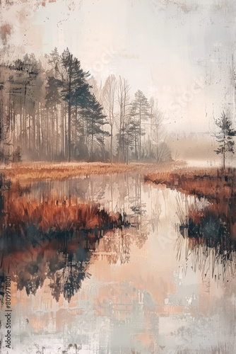 Create an oil painting depicting a serene marshland landscape enveloped in fog, rendered in a unique and artistic style with textured brush strokes, generated by AI technology. photo