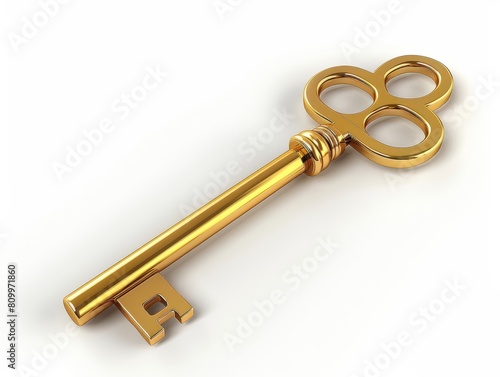 Photo of a 3D rendered key icon, golden and shiny, isolated on white background © Purichaya