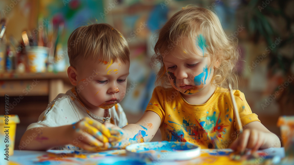 Two Young Children Playing With Paints Two Young Children Playing With Paints
