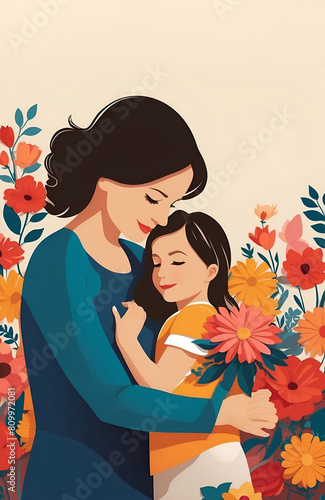 Mother hugging her baby in a field of flowers with sunny. Painting styles for Mother's Day poster with copy space