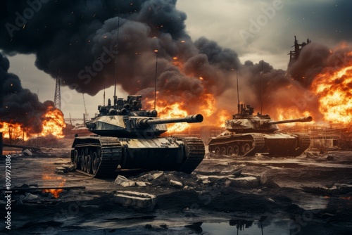 Tank battle fire. Combat vehicle. Generate Ai photo