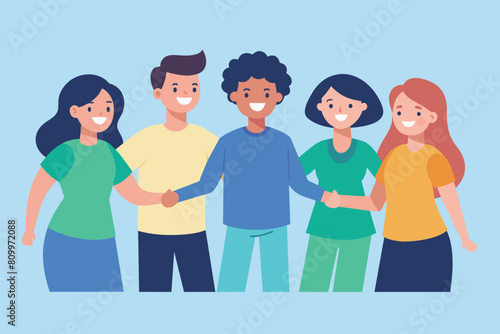 Friendship day banner or card template with group of friends or mates holding hands, chatting and hugging. People communications and frienfly relationships. Flat vector