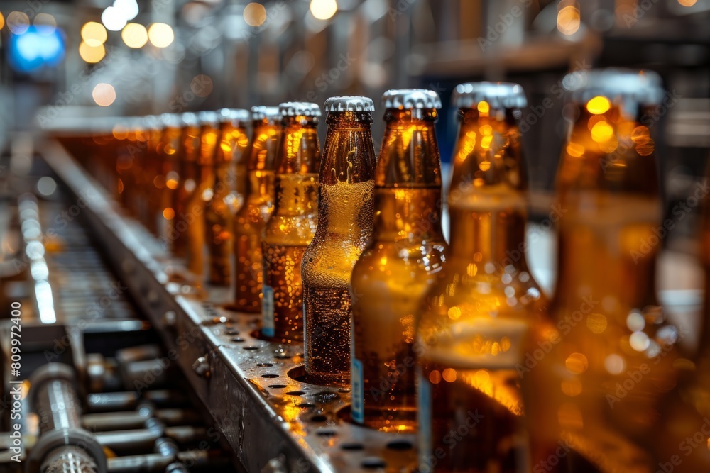Glass bottles of beer on a factory conveyor Glass bottles of beer on a factory conveyor