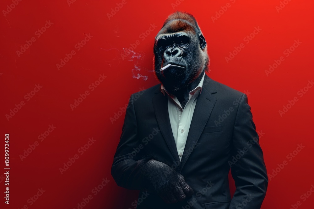 Gorilla boss in a business suit smokes a cigarette on a red background Gorilla boss in a business suit smokes a cigarette on a red background