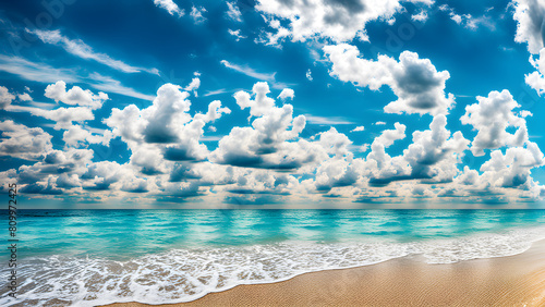 Blue sky, white clouds, sandy beaches and oceans, vacation time, beautiful coastal scenery, product background and banners