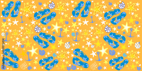 Summer yellow pattern with shells, flip-flops and  anchor. Fashion print design.  Flat style. Icon Summer. Horizontal banner.  Web banner design background for header Templates. Vector illustration