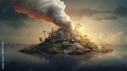 factory polluting the environment at sunset. 3d render illustration