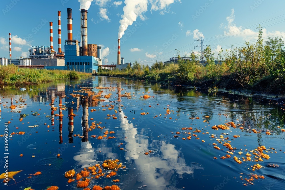 Obraz premium A juxtaposition of industrial smokestacks and a reflective, seemingly untouched pool below