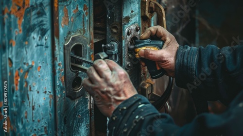 locksmith Hands Using Pick Tools To Open Locked Door