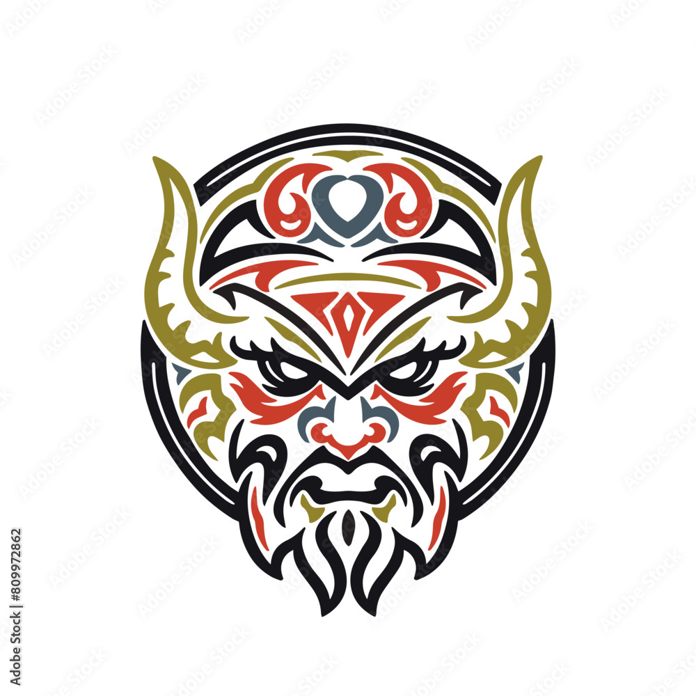 Obraz premium The face of a Viking in a helmet with horns, hand-painted with traditional patterns. vector illustration