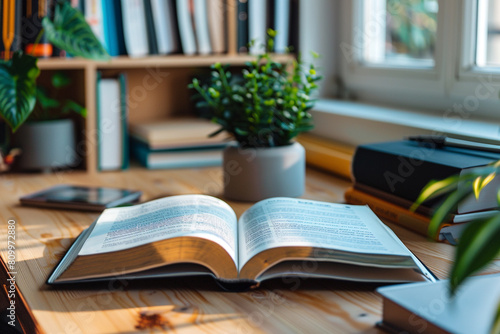 Open textbook on a students desk close-up on a challenging chapter photo