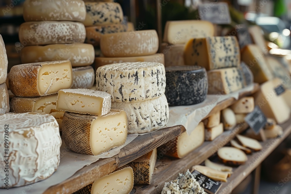 Various types of cheese are sold in a market stall