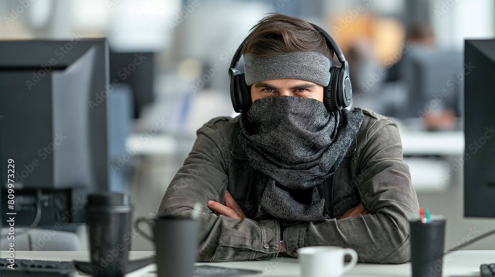 a man with mask wearing headphone and working at the office, a man with mask wearing headphone and working at the office,