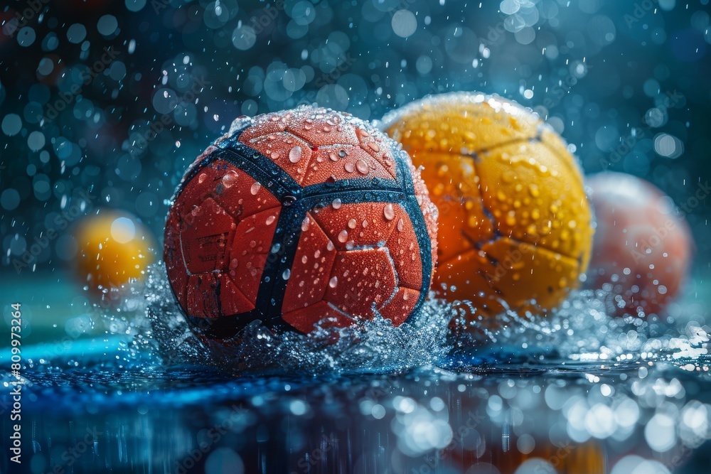 Three-dimensional rendered basketballs with detailed water splash effects, creating a tangible feel of a rainy, intense sports game Three-dimensional rendered basketballs with detailed water splash effects, creating a tangible feel of a rainy, intense sports game