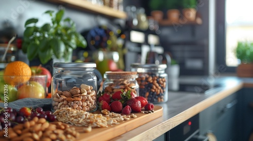A wooden table adorned with an assortment of jars filled with fresh fruits and nuts, creating a beautiful display of healthy snacks and natural decoration