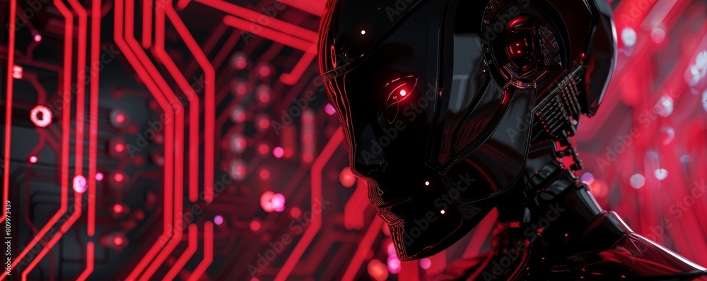 Obraz premium Futuristic cyborg profile against red circuit background