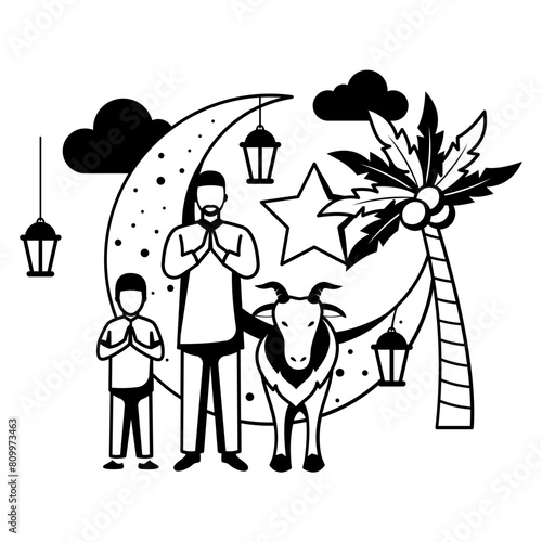 Goat Sacrificing Ceremony vector Icon Design, Eid al-Azha or Eid ul Kabir Symbol, Hajj Sign, Muslims religious Festival Stock illustration, Man with Kids offering Prayer concept