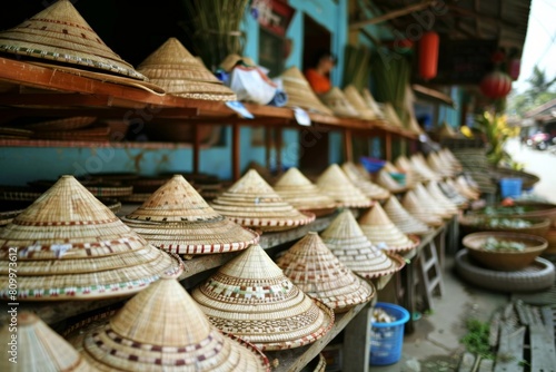 Vietnamese woven bamboo hats on sale in the market © Michael