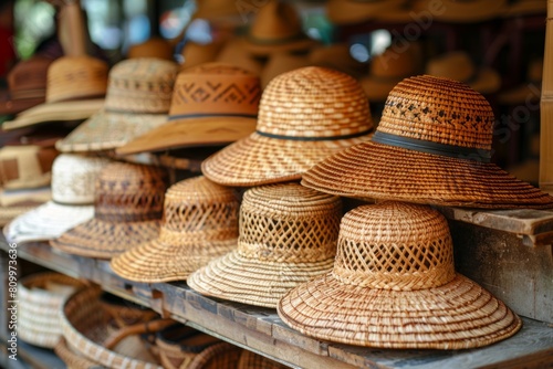 Selling woven straw hats at the market