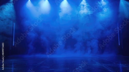 Mystical Blue Stage with Intense Lighting and Fog