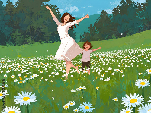 a painting of a mother and her baby running in a field of daisies. Happy Mother's Day