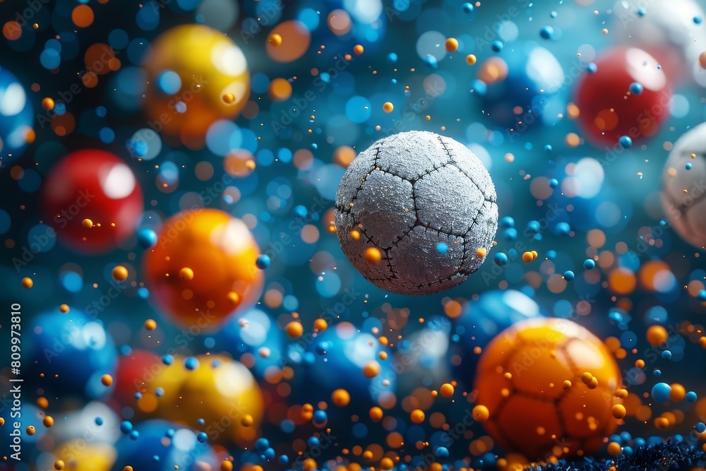Fototapeta premium This image captures a weathered soccer ball amid a vivid array of suspended vibrant balls on a dynamic bokeh background