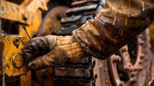 Close-up of a mechanic's gloved hands adjusting parts on a large, dirty, and oily machine, depicting industrial work.