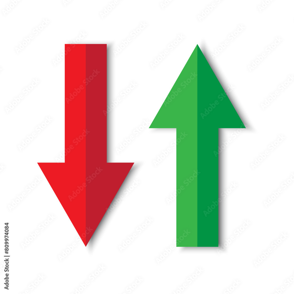 Red down arrow, green up arrow. Directional indicators. Vector illustration. Red down arrow, green up arrow. Directional indicators. Vector illustration.