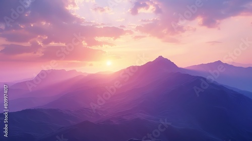Sunset casting twilight over peaks, mountain view, 4K, hyperrealistic, open sky © Pniuntg