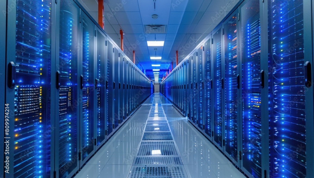 Highlight a server room filled with cutting-edge technology, emphasizing the efficiency of data processing. Highlight a server room filled with cutting-edge technology, emphasizing the efficiency of data processing.