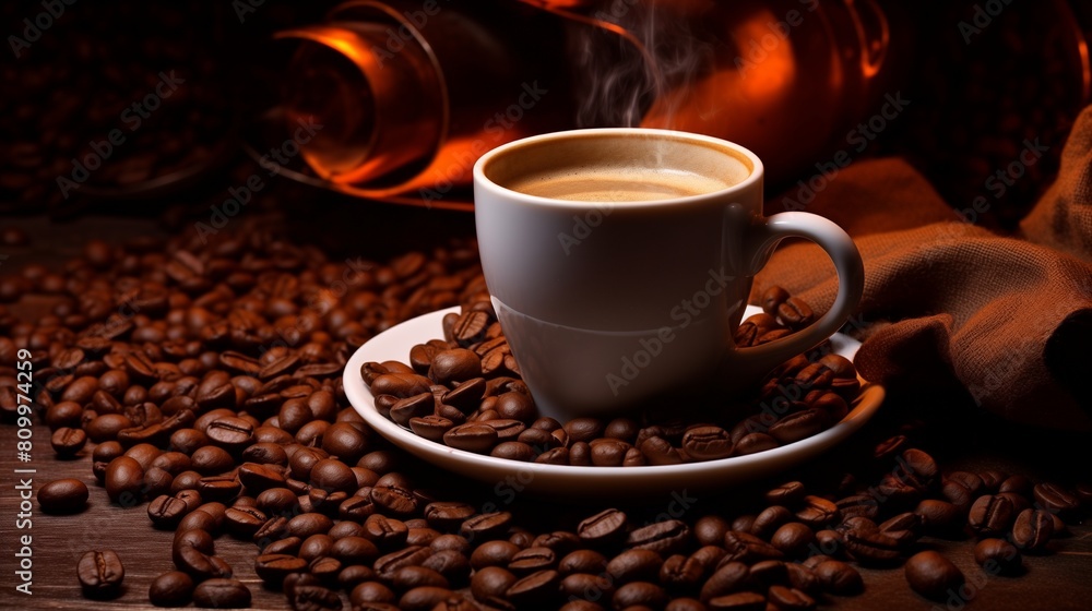 Coffee Cup and Roasted Coffee Beans, Coffee Background. Coffee Cup and Roasted Coffee Beans, Coffee Background.