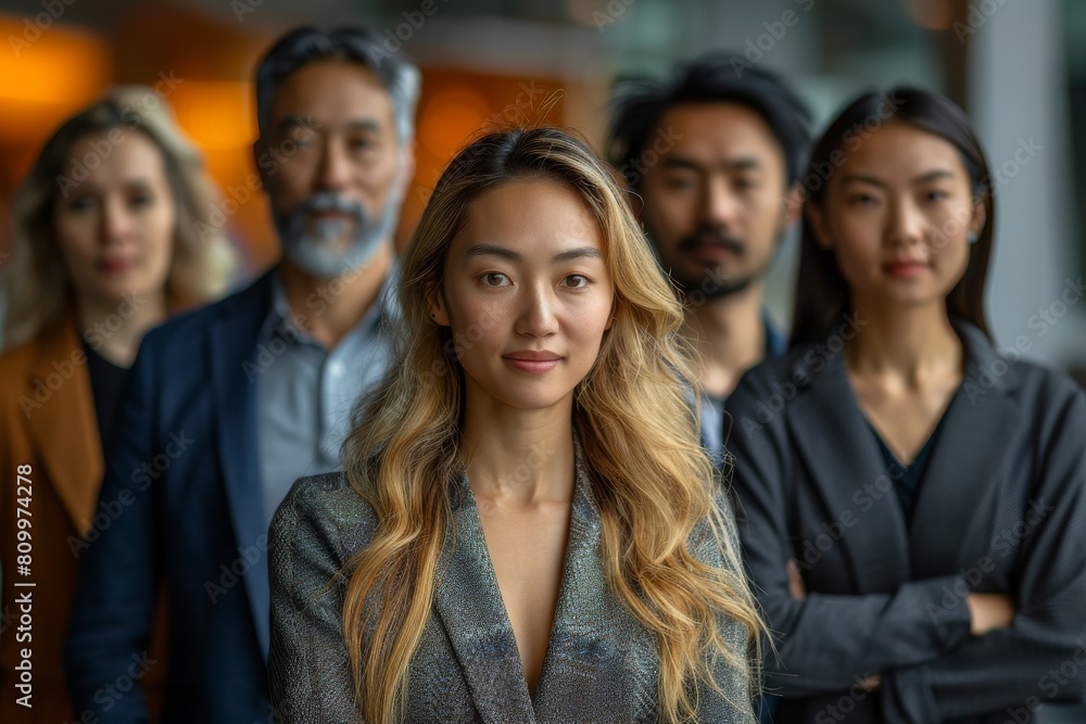 A confident woman stands out in a diverse business team portrait in a modern office environment A confident woman stands out in a diverse business team portrait in a modern office environment