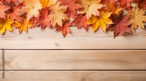 Maple on Wooden Background: Autumn Background.