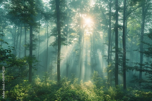 The sun s rays filter through a misty morning forest  creating a stunning play of light and shadow and bringing the woodland to life