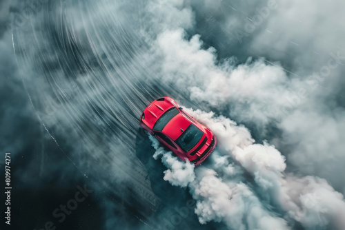 drifting sports car on asphalt road track from a bird's eye view