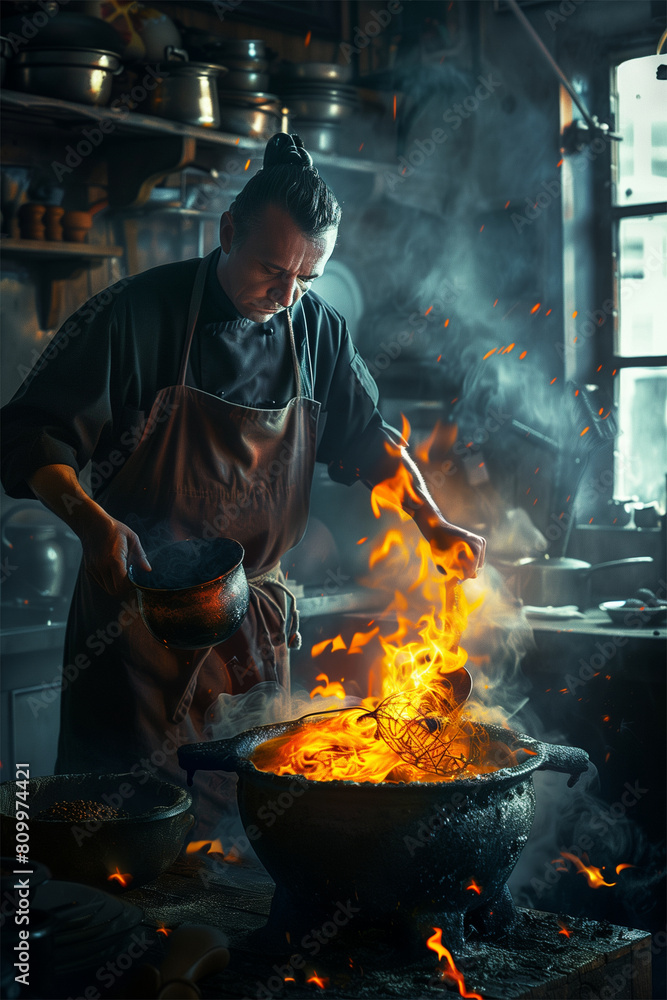 An AI generative image low light chef cooking in the kitchen with big flame from the cauldron. An AI generative image low light chef cooking in the kitchen with big flame from the cauldron.
