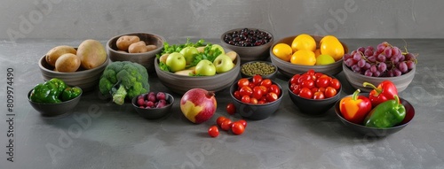 Variety of Fresh Organic Produce on Grey Background