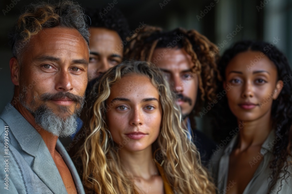Fototapeta premium Middle-aged man in focus with a diverse professional team behind