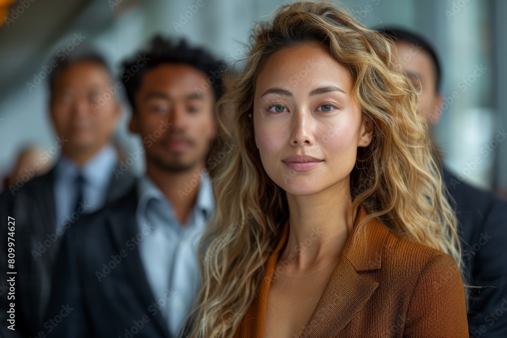 Obraz premium Young Asian businesswoman in focus with colleagues in background