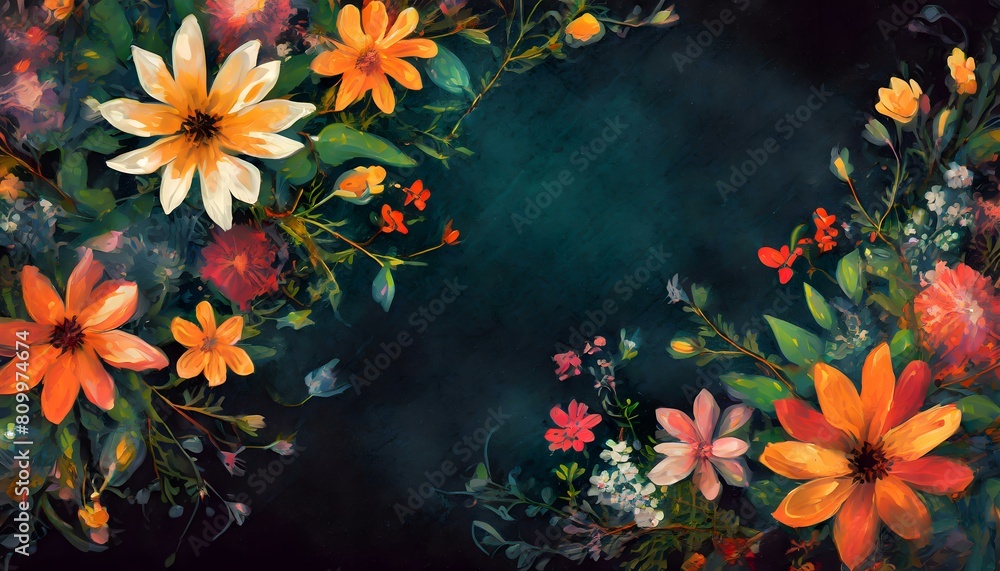 Obraz premium tropical floral frame on dark chalk slate background with room for copy text