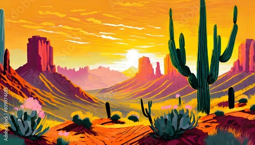 vector-style illustration of desert landscape at sunset with cacti, agave plants, and mesas